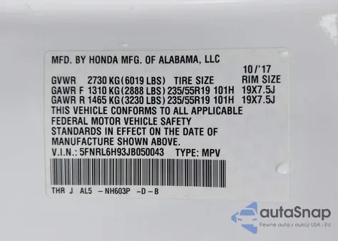 2018 Honda Odyssey Elite z USA, uszkodzony, nr VIN 5FNRL6H93JB050043